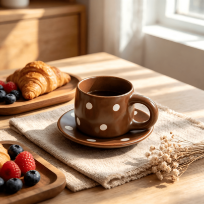 Juego de taza de café y plato de cerámica vintage marrón con lunares, estilo retro hecho a mano, taza de té Ins, vajilla decorativa para el té de la tarde en casa, cocina, oficina, regalo para mujeres y niñas