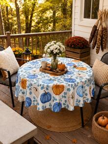 Autumn Pumpkin Tablecloth With Blue Orange Botanical Pattern, Vintage Farmhouse Rectangle Table Cover, Thanksgiving Dinner Decor, Fall Kitchen Dining Room Decoration - Multicolor - View 5