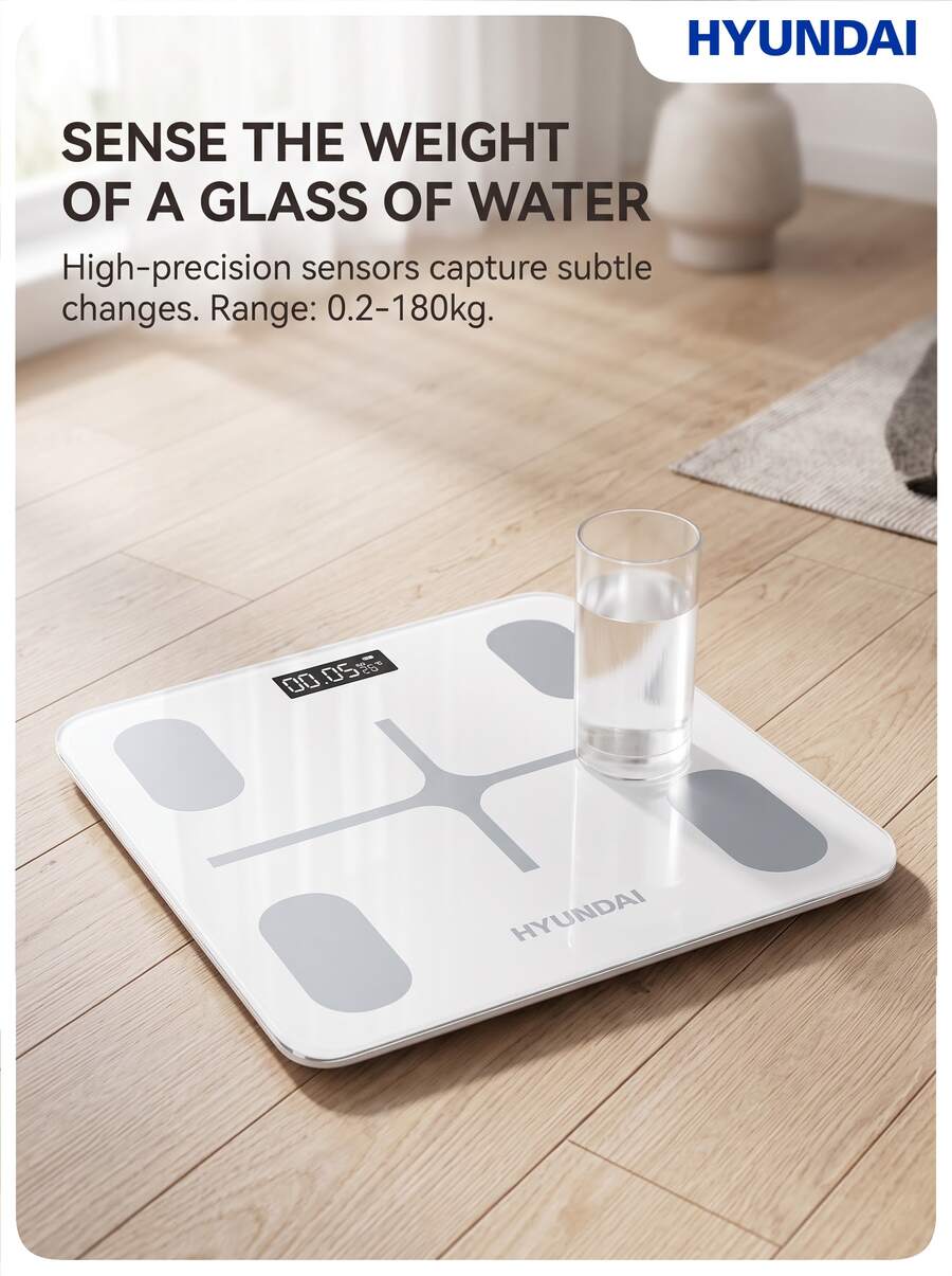 HYUNDAI HY-023 Smart Bluetooth Body Fat Scale, 0.05kg High Precision, 18 Body Metrics With App Sync, LCD Large Screen With Night Vision Display, Tempered Glass Anti-Tip Design, Essential For Family Health Management - View 1