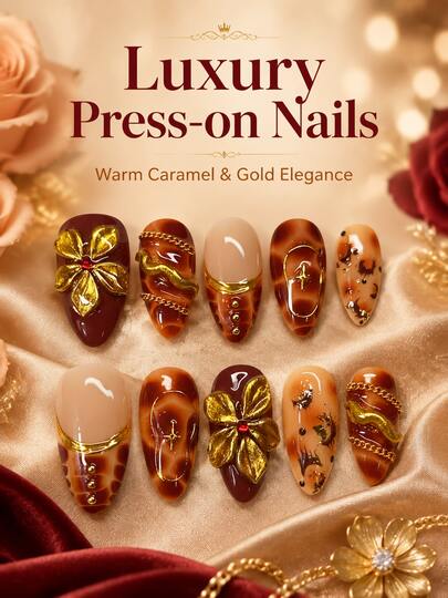 NAIO 10pcs Luxury Almond-Shaped Press-On Nails, Warm Caramel Tortoiseshell Fake Nails With 3D Gold Flower, Metal Chain And Gold Foil Details, Glossy Vintage Nail Art Decoration, Suitable For Women's Party Wear