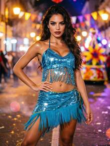 Sequin Tassel Crop Top Fringe Wrap Skirt For Music Festival Nightclub Carnival Performance Multiple Colors Available - Multicolor - View 8