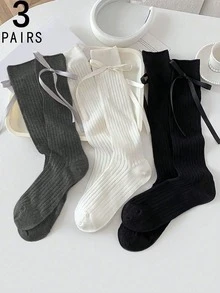 2/3 Pairs Random Black & White Back Bow Ruched Knee-High Socks For Women - Black and White - View 13