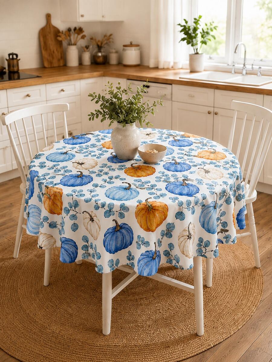 Autumn Pumpkin Tablecloth With Blue Orange Botanical Pattern, Vintage Farmhouse Rectangle Table Cover, Thanksgiving Dinner Decor, Fall Kitchen Dining Room Decoration - Multicolor - View 1