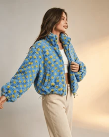 Women's Checkered Sherpa Fleece Zip Up Jacket, Jacke Damen Herbst Stand Collar Puff Sleeve Loose, Jacken Herbst Drawstring Hem Casual Fall Outerwear - Mint Blue - View 5