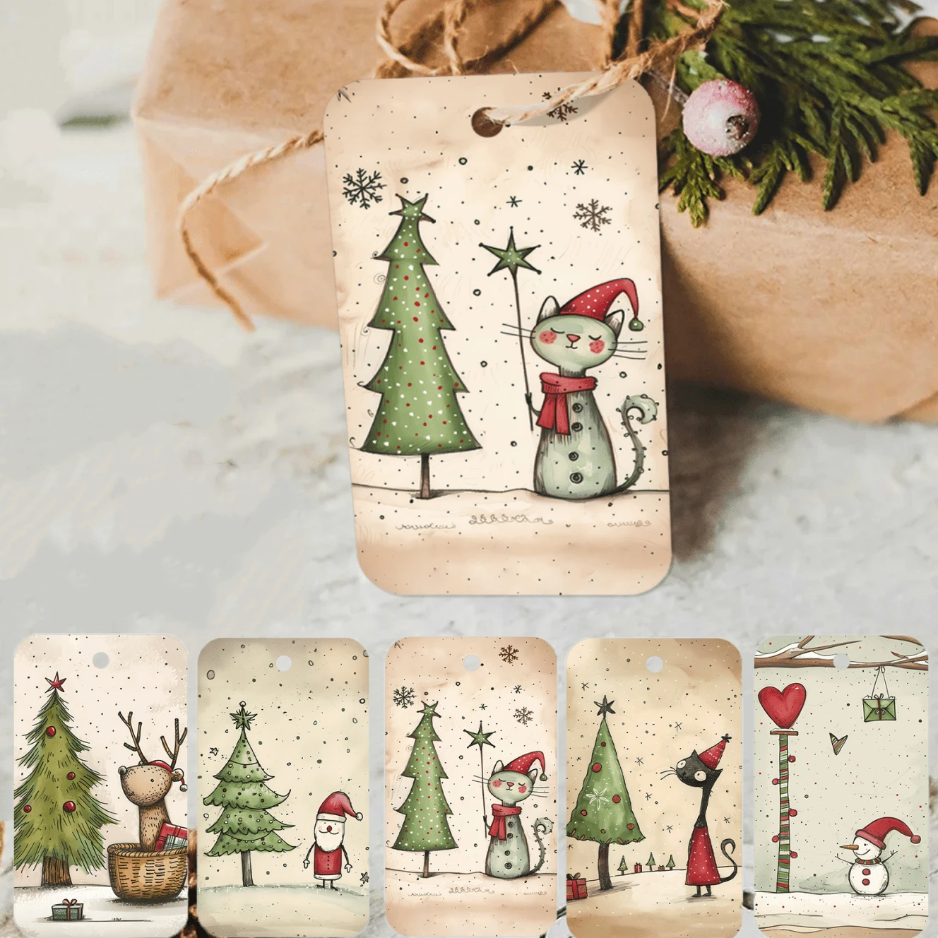 50pcs Festive Christmas Gift Tags With Hemp Rope - Cute Cat, Santa, Snowman, Reindeer & Xmas Tree Designs Holiday Hanging Labels For Presents, Gift Wrapping & Party Favor Decorations