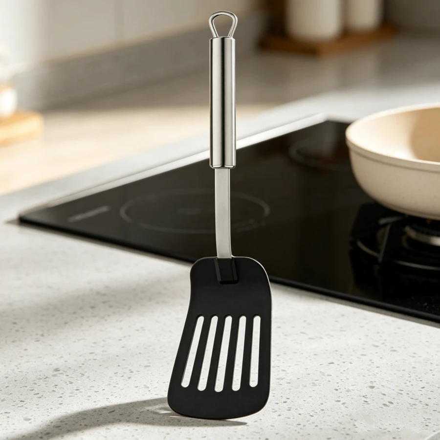 Household Non-Stick Spatula, 32.2 Cm, Semi-Matte Stainless Steel Handle And Plastic Tip, Heat-Resistant, Easy To Clean, Kitchen Utensil - Black - View 1