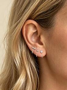 20 Pasang Anting-Anting Stainless Steel CZ Mutiara Bintang Bulan Kupu-kupu yang Dapat Ditumpuk, Terbuka, Model Huggie, Setengah Lingkaran untuk Wanita, Pemakaian Sehari-hari, Perhiasan Telinga untuk Beberapa Tindik - Perak - View 5