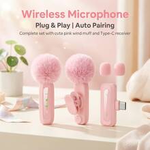 HITOZON Professional Wireless Lavalier Lapel Microphone, Plug-And-Play Omnidirectional Condenser Clip-On Mic, Noise Reduction, Receiver Powers & Charges Phone, Auto Pairing, For Live Streaming, Vlogging, Podcasting, Interviews, Video Recording - Pink - View 3
