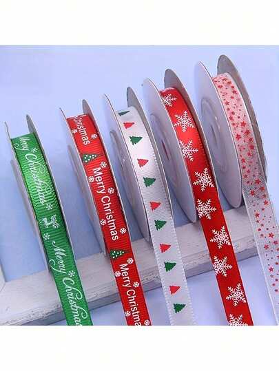 5 Rolls Total 50 Yards Christmas Holiday Decorative Satin Ribbon, 10mm Wide Fabric Ribbon, Suitable For Gift Wrapping, Bouquet Floral Arrangement, Holiday Wedding DIY Handmade Decoration Supplies