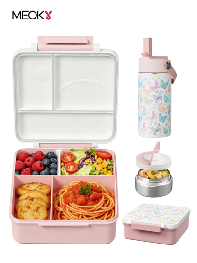 Meoky Bento Lunch Box With 9oz Soup Thermo, Leakproof Lunch Food Containers With 4 Compartment, Thermo Insulated Hot Food Jar For School, Office, Travel, And Picnics