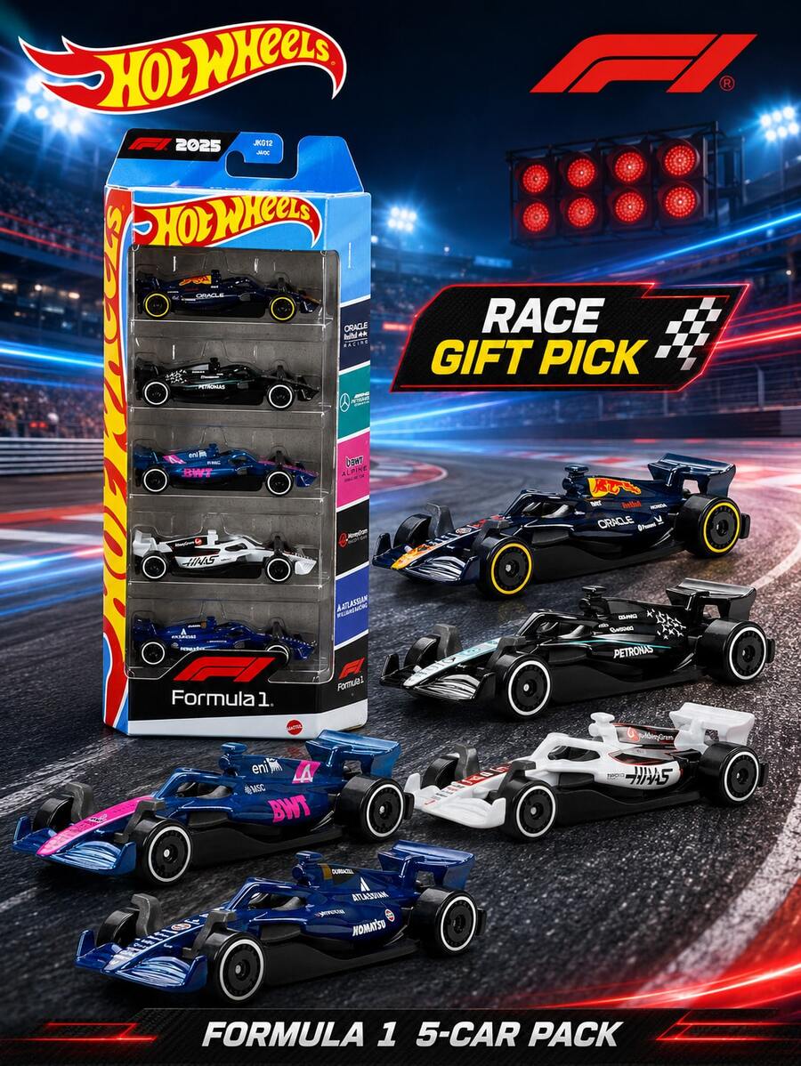 Mattel Hot Wheels Formula 1 2025 5 Paket, Set Mainan Mobil Balap Die-Cast Skala 1:64, Oracle Red Bull, Mercedes-AMG, BWT Alpine, MoneyGram Haas dan Atlassian Williams Racing Toys, Koleksi Grid F1 untuk Penggemar Balap, Hadiah Ulang Tahun/Liburan/Natal yang Ideal - MultiWarna - View 1
