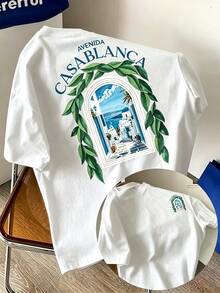 Casablanca Vintage Classic T-Shirt With Moroccan City And Beach Architectural Print, 100% Cotton, Graphic Tee For Men And Women, Summer Streetwear, Summer Tops - White - View 1