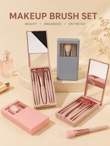 1 Set Personalized Travel Makeup Brush Set With Hard Shell Storage Box And Built-In Mirror, 5 Makeup Brushes, Suitable For On-The-Go Touch-Ups, Customizable Name, Great Gift - Multicolor - View 1