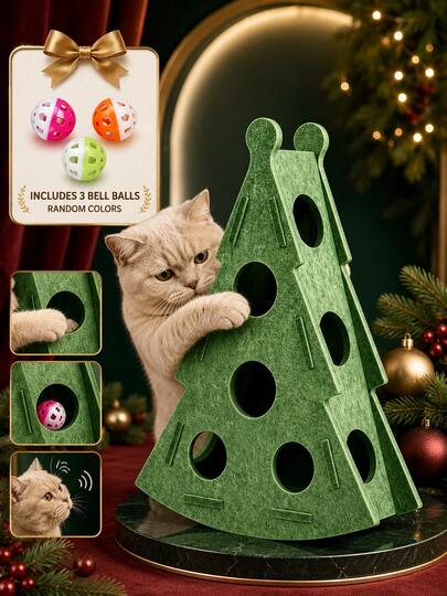 1pc Christmas Tree Shaped Felt Cat Toy With 3 Random Color Bell Balls, Durable Scratch-Resistant Interactive Puzzle Pet Toy, Suitable For Christmas Gift, Holiday Indoor Decor And Daily Cat Play