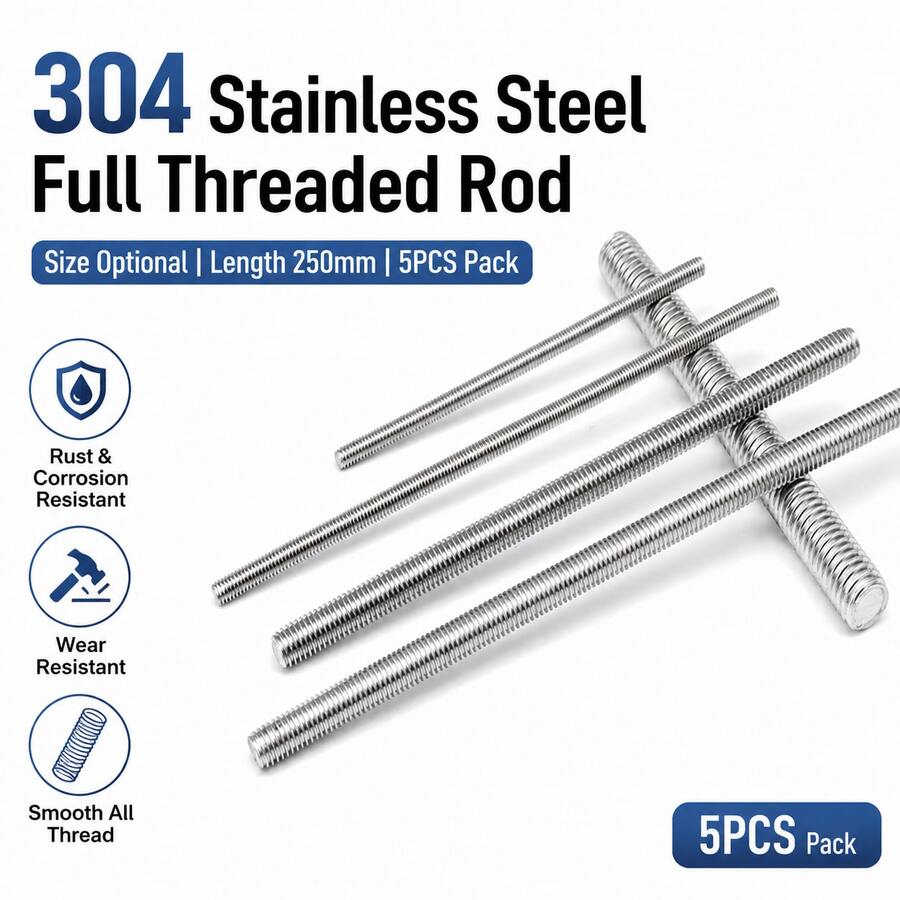 5PCS Stainless Steel Threaded Rod, 304 Grade All Thread Stud Bar M3 M4 M5 M6 M8, 250mm Fully Threaded Rod For DIY Hardware And Repair - Stainless Steel Threaded Rod - View 1
