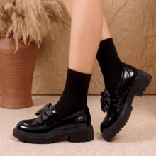 Preppy Bow Decor Loafers Thick Sole Height-Increasing Slip-On Women's Casual Commuter Shoes - Black - View 5