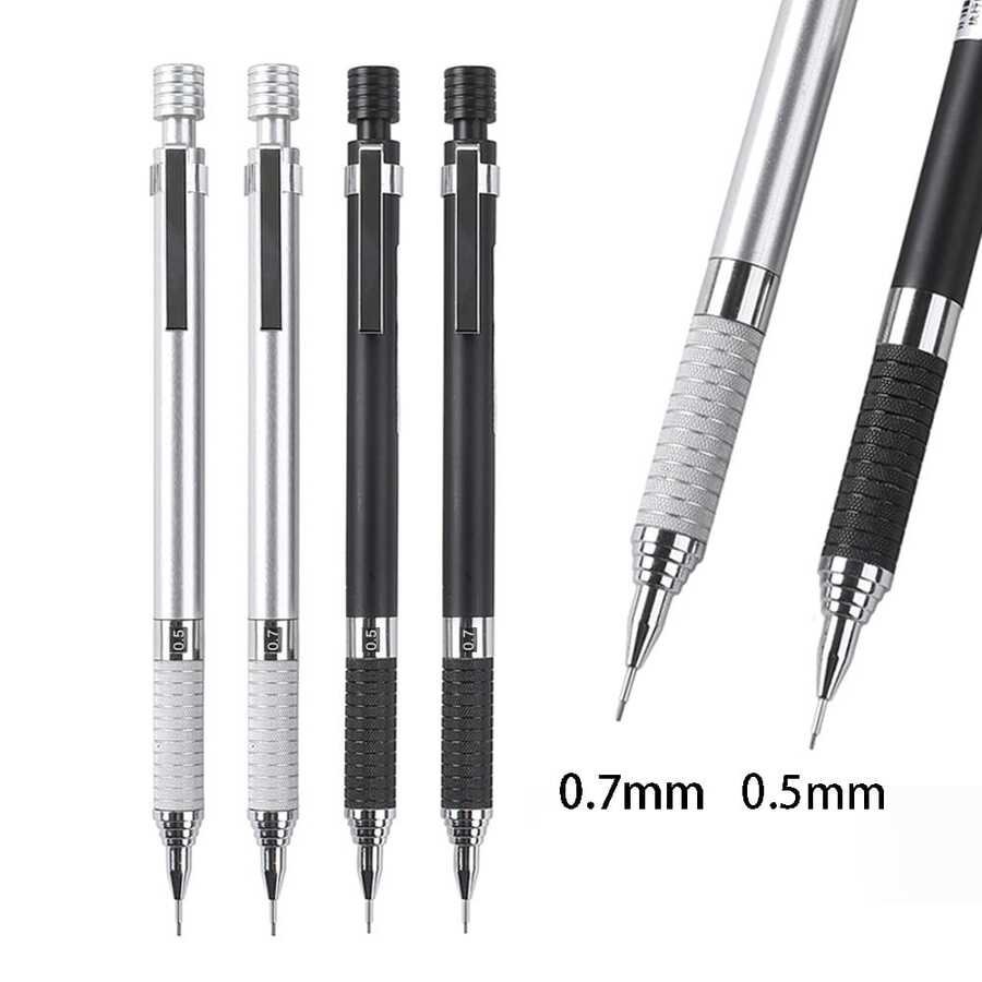 14pcs Automatic Pencil Set, Includes 2 Black And White Automatic Pencils, 1 Tube Of 12 Replacement Leads, 0.5mm/0.7mm Thick, Embossed Handle, Smooth Writing And Drawing Stationery Tool - Sets - View 1