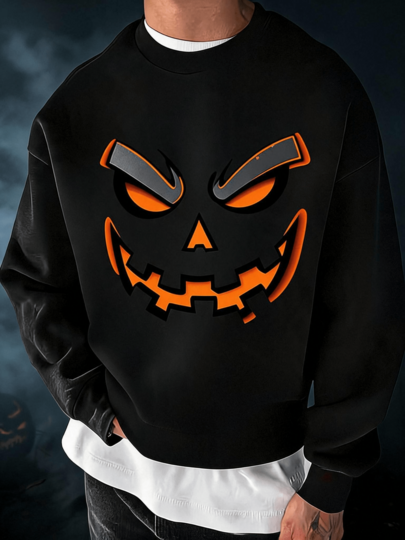 Sudadera Unisex con Estampado de Halloween, Cuello Redondo, Interior Afelpado, Diseño de Calabaza y Fantasmas, Estilo Streetwear, Ideal para Otoño e Invierno