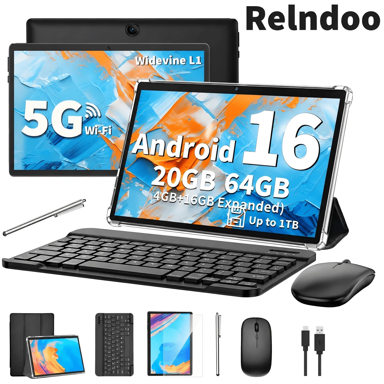 Relndoo Android 16 Tablet, 20GB (4GB+16GB)RAM + 64GB ROM, 10.1 Inches,  2-in-1 Tablet, Supports WiFi, GPS, Wireless Connection,6000mAh Battery, Wi-F - Schwarz - Übersicht 1