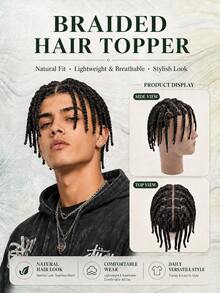 Men's Braided Hairpiece, Full Injection PU Base 100% Human Hair, 6 Inch Undetectable Invisible Men's Hair System, Ultra-Thin Breathable Skin-Tone Base Natural Hair System, Daily Men's Hair Replacement - Natural Black - View 1