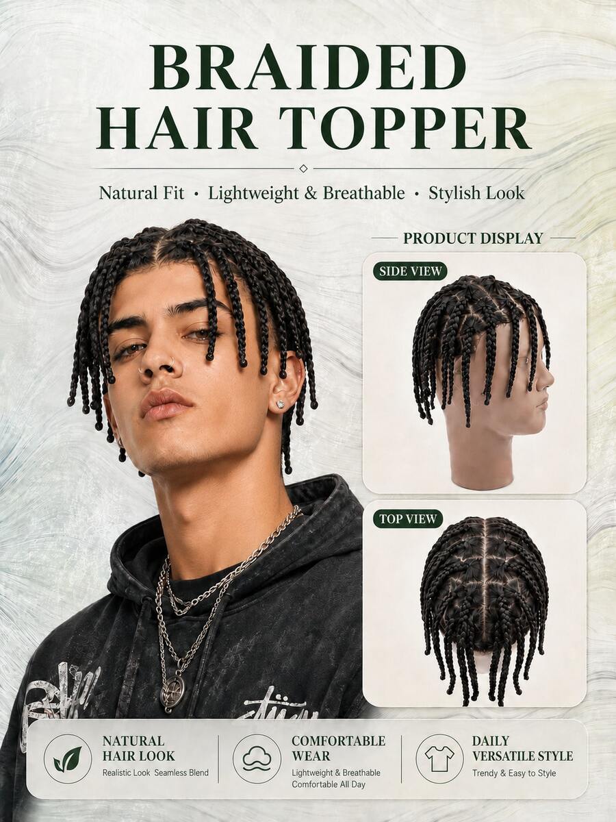 Men's Braided Hairpiece, Full Injection PU Base 100% Human Hair, 6 Inch Undetectable Invisible Men's Hair System, Ultra-Thin Breathable Skin-Tone Base Natural Hair System, Daily Men's Hair Replacement - Natural Black - View 1