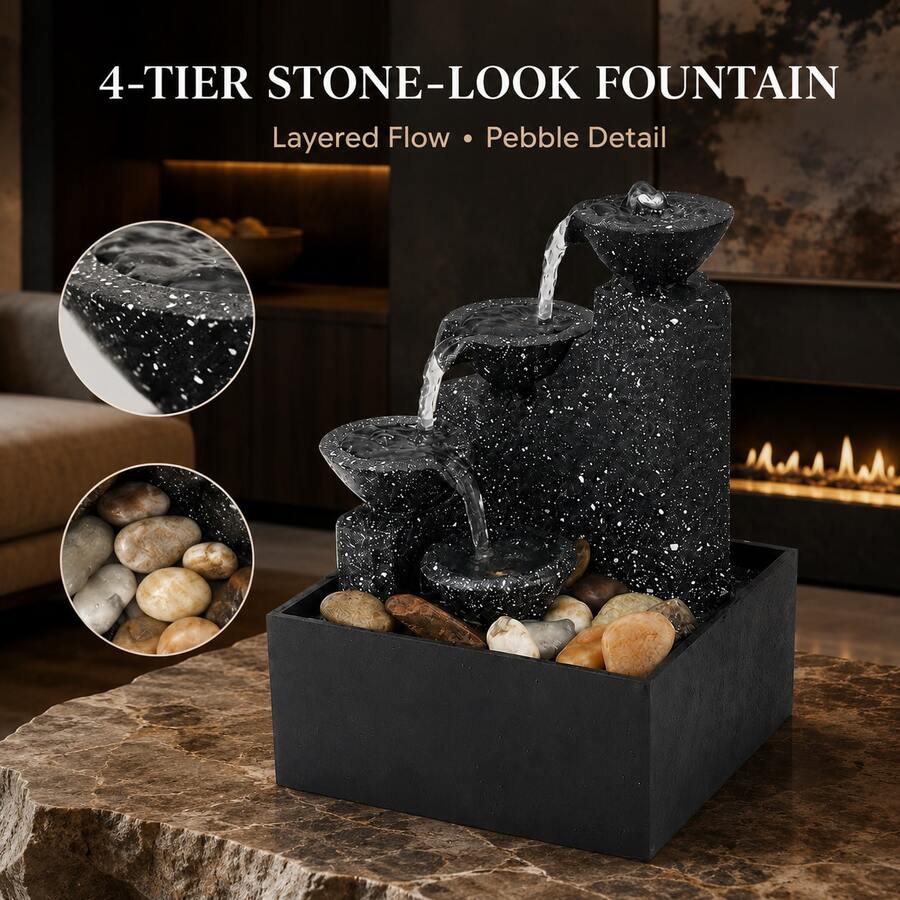 Indoor Tabletop Water Fountain, Cascading Water Feature With Asian-Inspired Design And Decorative Pebble Accents For Office Desk, Living Room, Bedroom, Entryway, Housewarming And Holiday Gift - Grey Spray - View 1