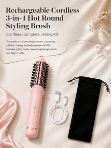 Rechargeable Wireless 3-In-1 Hot Round Styling Brush, Built-In 5000mAh Large Capacity Battery, Portable Anti-Scald Hot Hair Brush, Suitable For Curly, Straight And Voluminous Hairstyles, 3 Temperature Settings, Travel Hair Styling Tool For All Hair Types - B - View 9