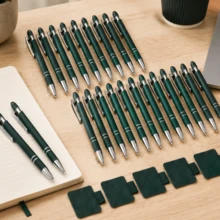 30pcs Dark Green Touch Screen Stylus Ballpoint Pens, Includes 5 Pen Holders, Retractable Metal Clip Dual-Use Writing Pens, Office Nurse School Portable Stationery Gift Set - 30 Pens, 5 Pen Clips - View 1