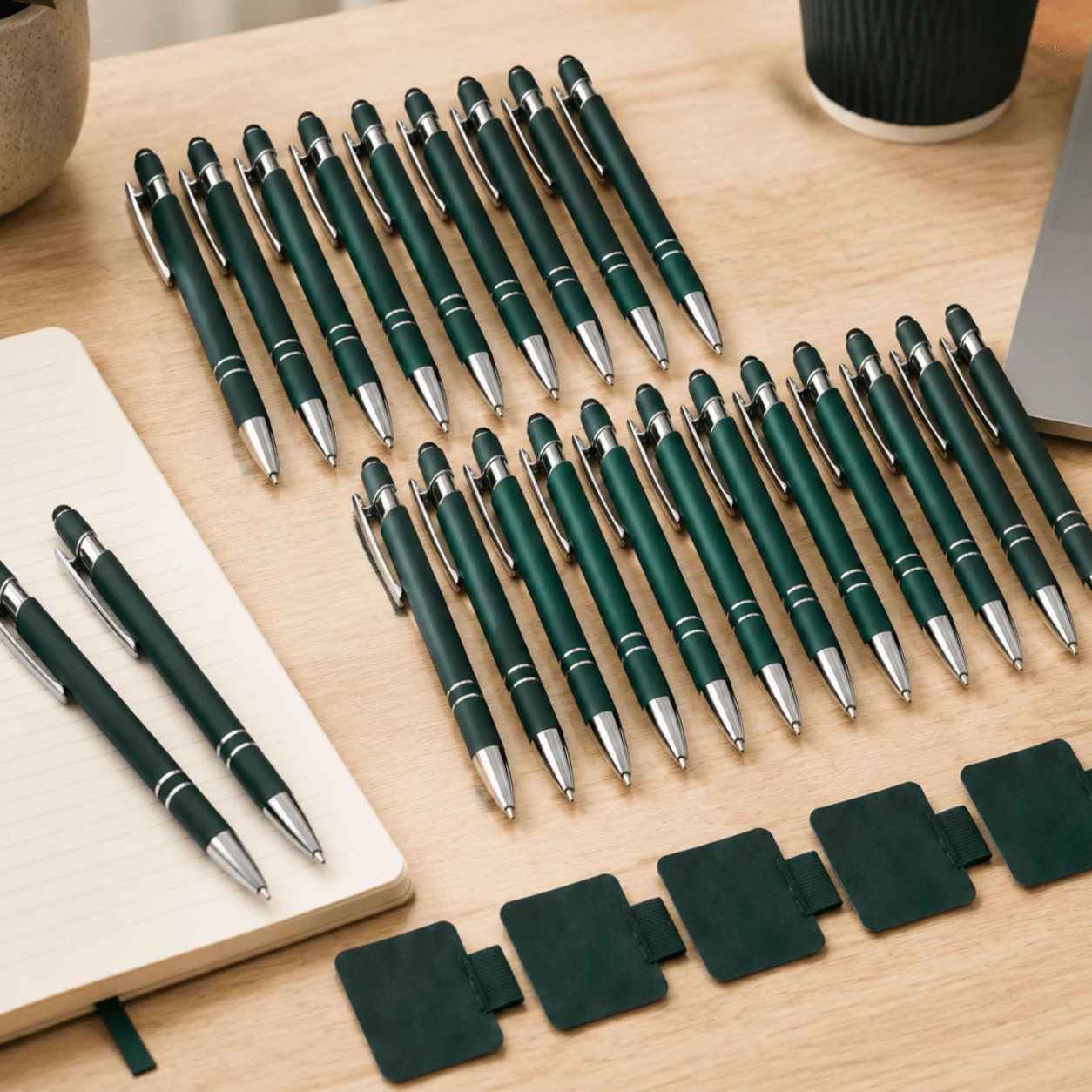 30pcs Dark Green Touch Screen Stylus Ballpoint Pens, Includes 5 Pen Holders, Retractable Metal Clip Dual-Use Writing Pens, Office Nurse School Portable Stationery Gift Set - 30 Pens, 5 Pen Clips - View 1