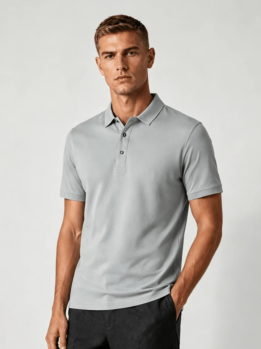 Men's Solid Color Golf Polo Shirt, Half Button Collar Color Block Business Casual Work Shirt For Boyfrie - Grey - View 1
