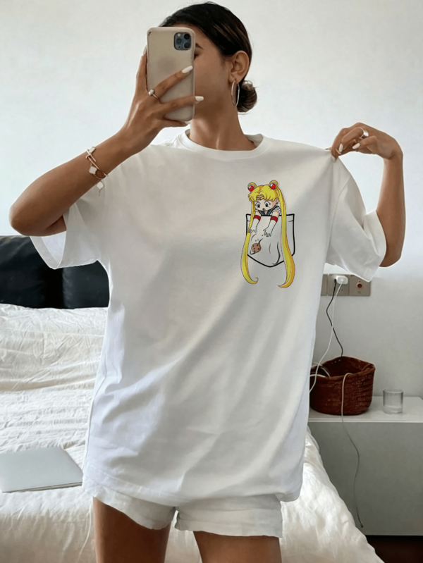 SSailor Moon T-Shirt, Cute UUsagi Tsukino Popping From Pocket To Catch Her Cookie, Funny Kawaii Anime Print, Moon Warrior Design For Fans