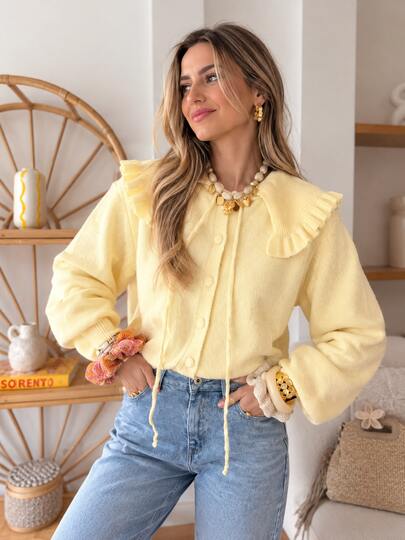 Women's French Style Ruffle Collar Knit Blouse, Long Puff Sleeve Button Drawstring Casual Top, Soft Solid Color Autumn Daily Wear