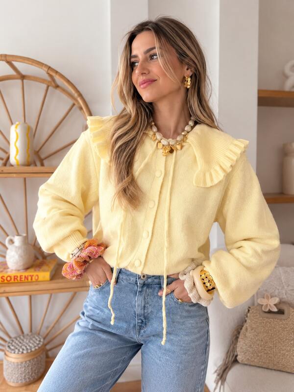 Women's French Style Ruffle Collar Knit Blouse, Long Puff Sleeve Button Drawstring Casual Top, Soft Solid Color Autumn Daily Wear