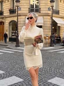 Autumn Promotion Floral Lace Sheer 2pcs Sets Women's Autumn French Vintage Elegant Creamy Color Lace Mesh Stand Collar Puff Sleeve High Waist White - White - View 10
