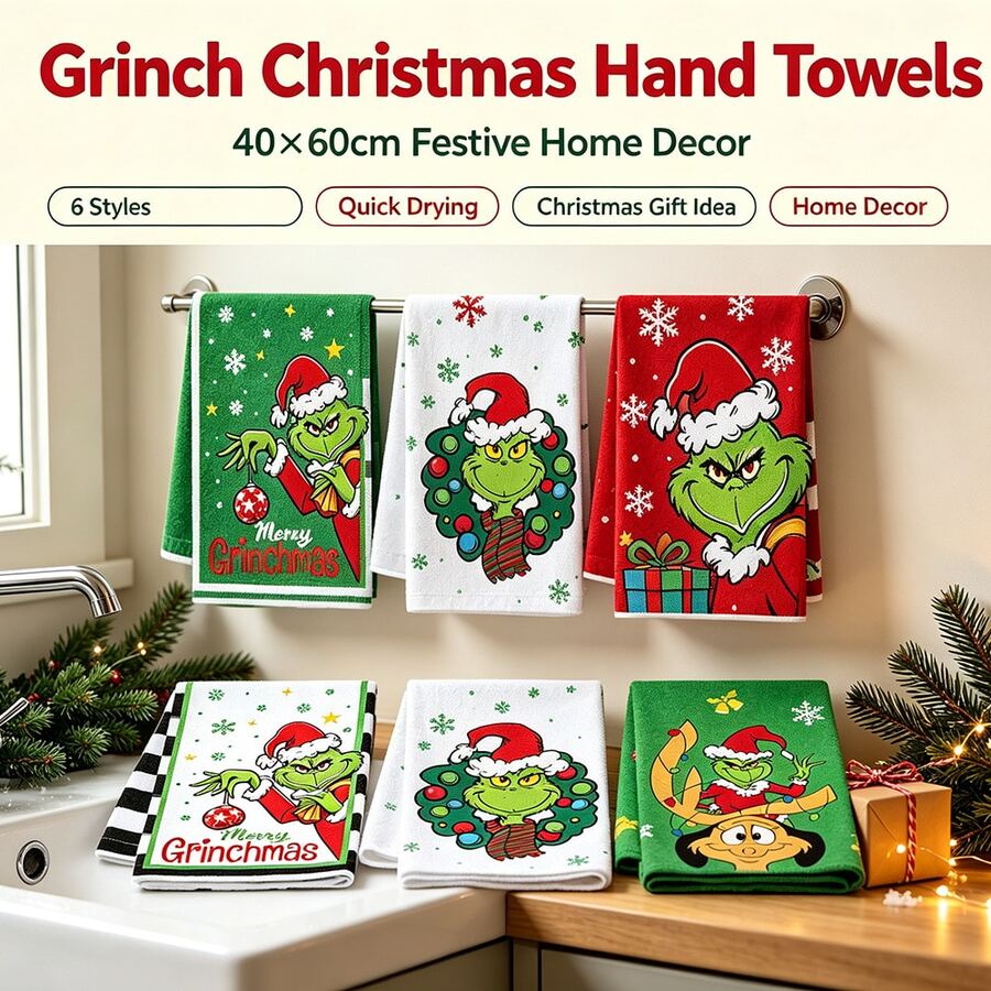 The Grinch 1pc The Green Monster Print Hand Towel, 40*60cm Multiple IP Patterns Available, Soft And Durable For Kitchen Wiping, Tableware Cleaning, Christmas Holiday Home Decor, Suitable For Christmas Gatherings, Party Decoration, Also As Holiday Gift - Multicolor - View 1