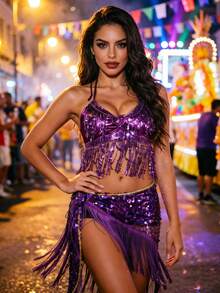 Sequin Tassel Crop Top Fringe Wrap Skirt For Music Festival Nightclub Carnival Performance Multiple Colors Available - Multicolor - View 16