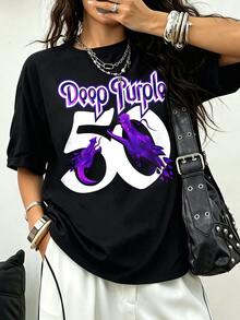 Deep Purple 50th Anniversary Graphic T‑Shirt Unisex 100% Cotton Classic Rock Band Print Tee Casual Street Short Sleeve Tops - Black - View 1