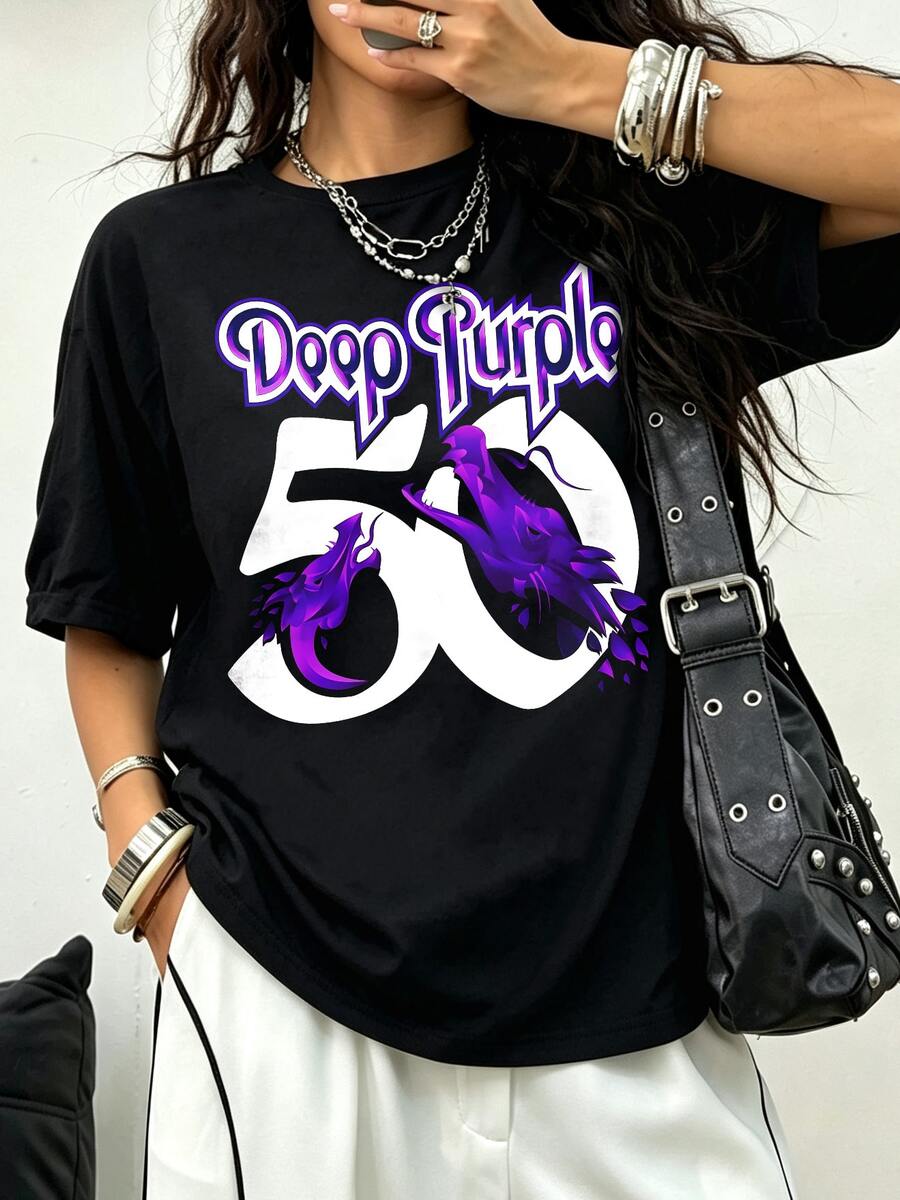 Deep Purple 50th Anniversary Graphic T‑Shirt Unisex 100% Cotton Classic Rock Band Print Tee Casual Street Short Sleeve Tops - Black - View 1