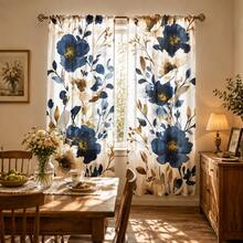 2pcs Blue & White Watercolor Floral Pattern Semi-Sheer Bedroom Curtains, 90GSM Polyester Semi-Transparent Privacy Protection, Elegant Style Living Room Curtains, Kitchen Curtains, Suitable For Home, Room, Kitchen Partition Or Decoration, Rod Pocket Design Easy Installation, Quick Dry, Washable, Fade-Resistant, Lightweight Removable Curtains - Multicolor - View 9