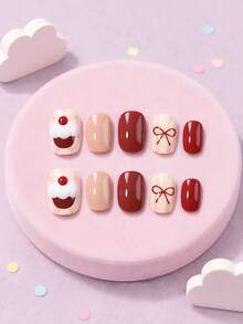 24pcs Y2K Style (Cupcake, Bow) Element Design, Kids Girls Press-On Short Fake Nails, Cute Pre-Glued Full Coverage Acrylic Nail Tips Set, Suitable For 5-12 Years Old Girls Nail Decoration - Multicolor - View 3