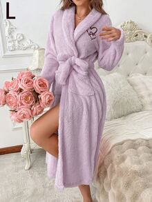 Women's Plush Heart Embroidered Robe, Soft And Comfortable Autumn/Winter Loungewear, Cream Color Plush Bathrobe, Women's Fluffy Plush Robe - Heart Purple - View 16