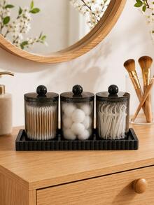 1/2/3/4-Piece Plastic Cotton Swab Storage Jar Set (With Tray) – Bathroom Countertop Organizer Set; Suitable For Round Cotton Pads, Cotton Balls, And Floss Picks; Apothecary-Style Design With Lids - Multicolor - View 1