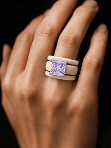 3 Piecessilicone Purple Cut Synthetic Zirconia Khaki Silicone Ring Set, Suitable For Daily Wear, Weddings, Valentine's Day, Anniversaries, And Gifts - Silicone Ring - Purple Square - View 1