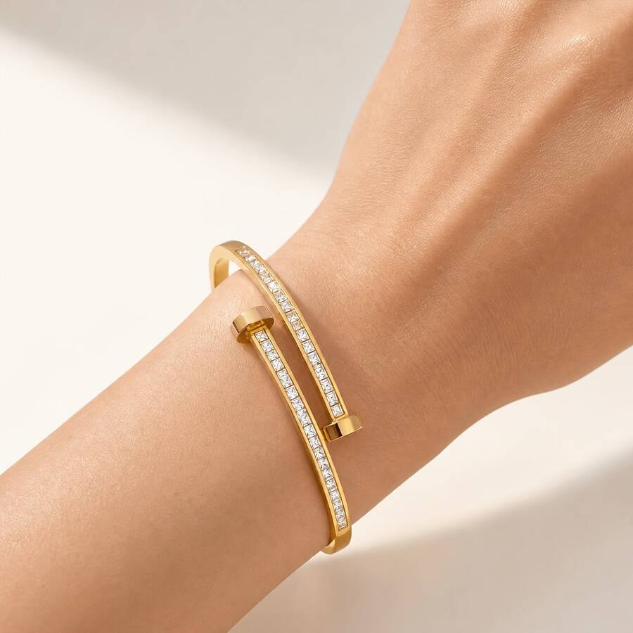 1pc Elegant Fashion Stainless Steel Nail-Shaped Full Rhinestone Bracelet, Women's Exquisite Bangle - Gold - View 1