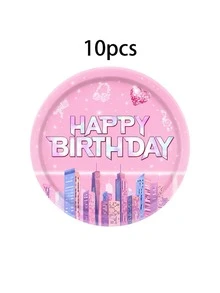 10pcs/20pcs/50pcs/80pcs Birthday Party Supplies, Pink & Purple Music City Theme Tableware Set, 7/9 Inch Paper Plates, 3.5 Inch Cups, 6.5 Inch Napkins, Happy Birthday Party Decorations, Party Tableware - Multicolor a - View 10