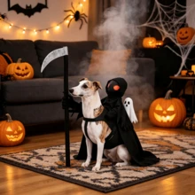 Grim Reaper Rider Dog Halloween Costume, Funny Pet Cosplay Outfit With Scythe, Spooky Ride-On Dress Up Apparel For Dogs Cats Puppy Halloween Party Gift - Black - View 1