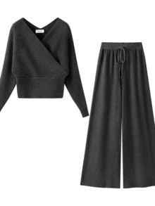 Korean Style Soft Versatile Short Knit Top & Casual Drape Long Pants 2 Pieces Set, New Elegant Vacation Travel Daily Wear - Grey - View 2