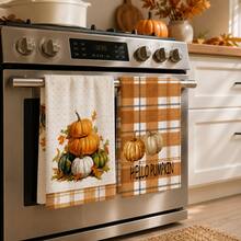 2pcs Pumpkin & Maple Leaf Print Kitchen Towels, Autumn Pastoral Style Hand Towels, Suitable For Thanksgiving, Autumn Kitchen Decor, Harvest Celebration, Farm Theme Decoration, Baking & Cooking And Daily Home Use - Multicolor - View 1