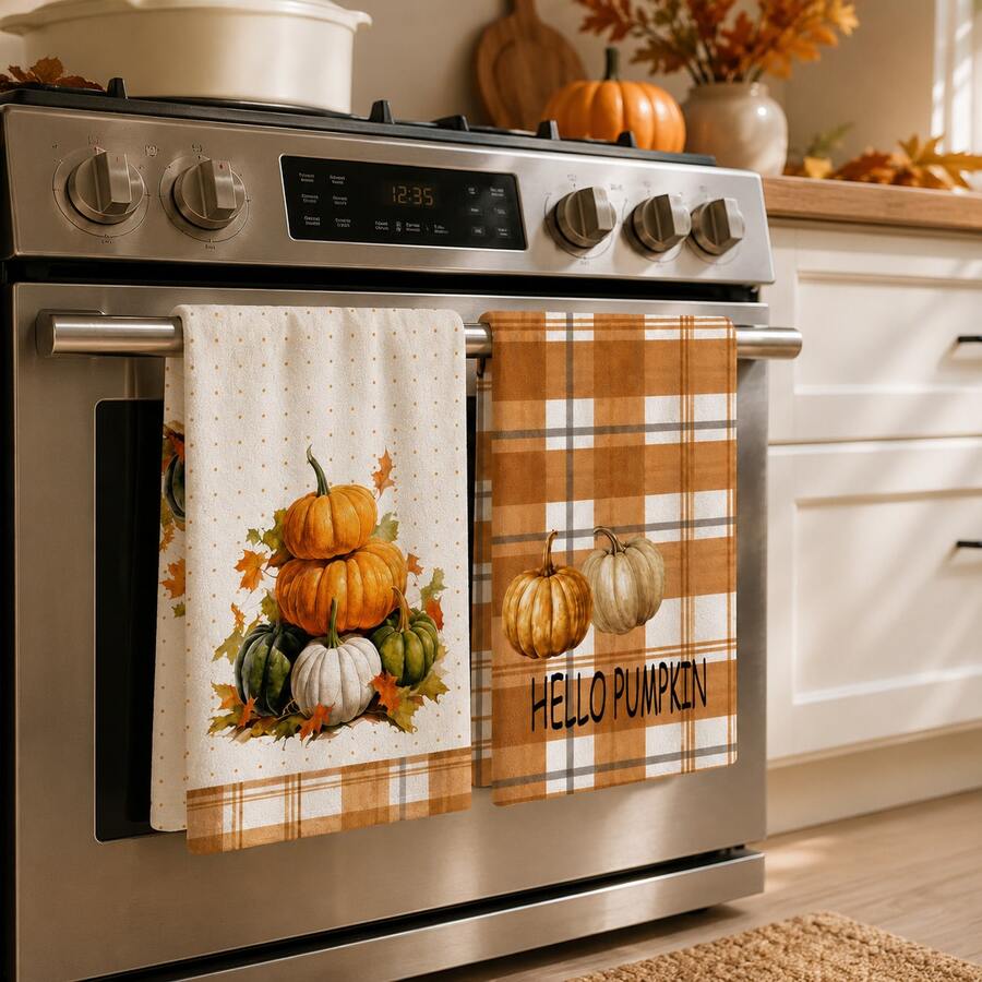 2pcs Pumpkin & Maple Leaf Print Kitchen Towels, Autumn Pastoral Style Hand Towels, Suitable For Thanksgiving, Autumn Kitchen Decor, Harvest Celebration, Farm Theme Decoration, Baking & Cooking And Daily Home Use - Multicolor - View 1