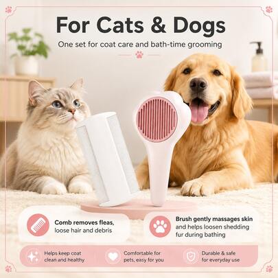 Pet Bath Beauty Tool 2 Pieces Set, Dog Cat Bath, Pink Massage Brush, White Hair Removal, Flea Comb, Cleaning Set